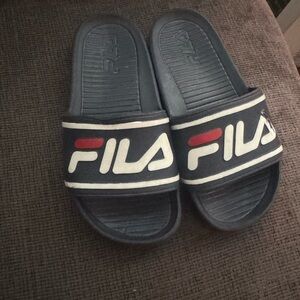 Fila Blue Slides with Red and White Logo kids size 13c used good condition.